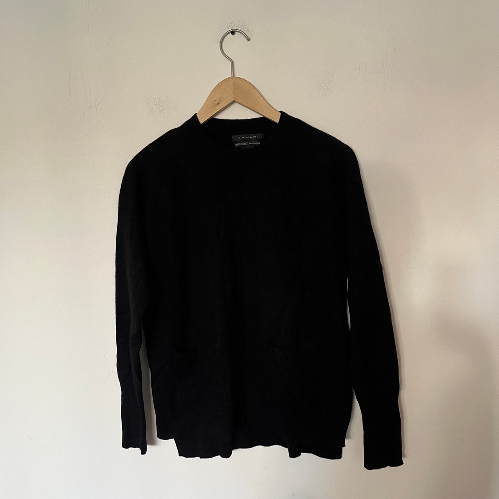 Tahari Pure Luxe Black 100% Cashmere Crew Neck Pocket Sweater Medium